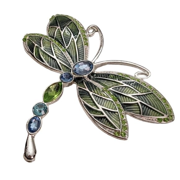 Napier Silver-Tone Green Blue Rhinestone Enamel Dragonfly Brooch Pin Signed E913 - Picture 3 of 9